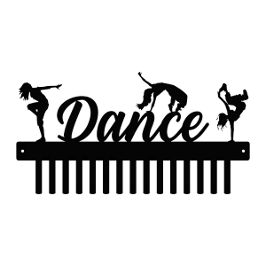 Black metal dance medal holder with the word 'Dance' cut out in the center. Above the word, three dancer silhouettes in different poses. Below, 15 hooks for hanging medals. Rectangular with mounting holes on either side.